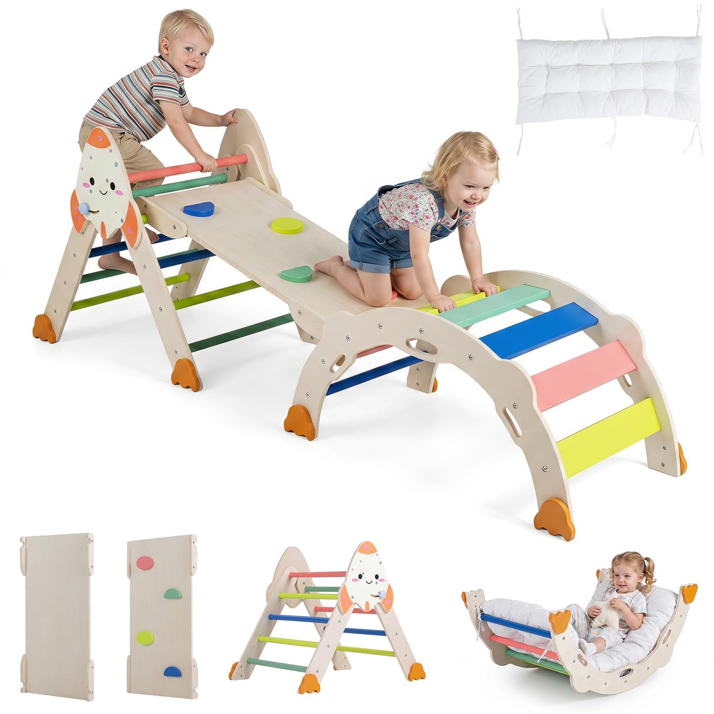 Toddler Climbing Frame, 8-in-1 Wooden Kids Climber with Arch
