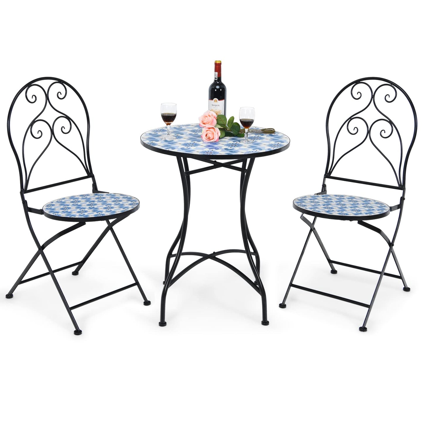 Mosaic Metal Dining Set Garden Table with 2 Folding Chairs