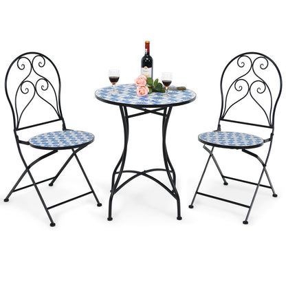 Mosaic Metal Dining Set Garden Table with 2 Folding Chairs
