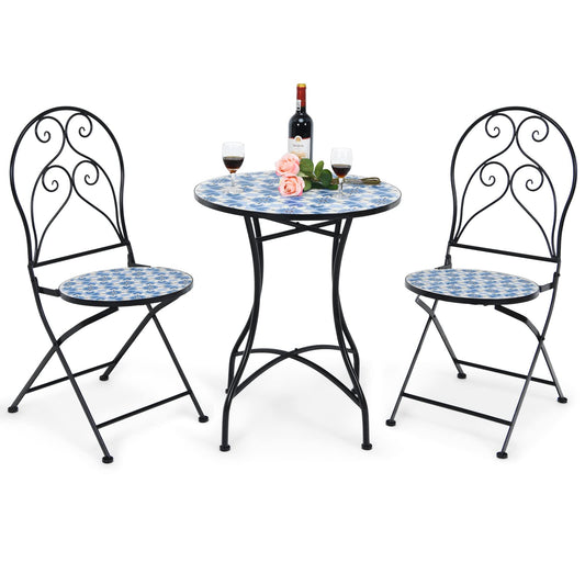 Mosaic Metal Dining Set Garden Table with 2 Folding Chairs