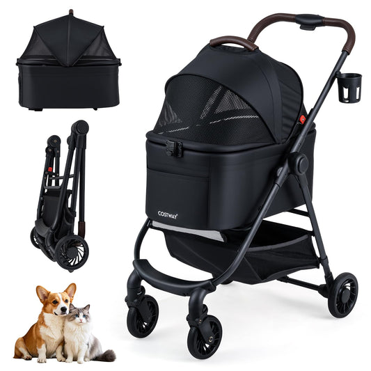 Pet Stroller, 3 in 1 Folding Dog Pram with Detachable Car Seat Carrier