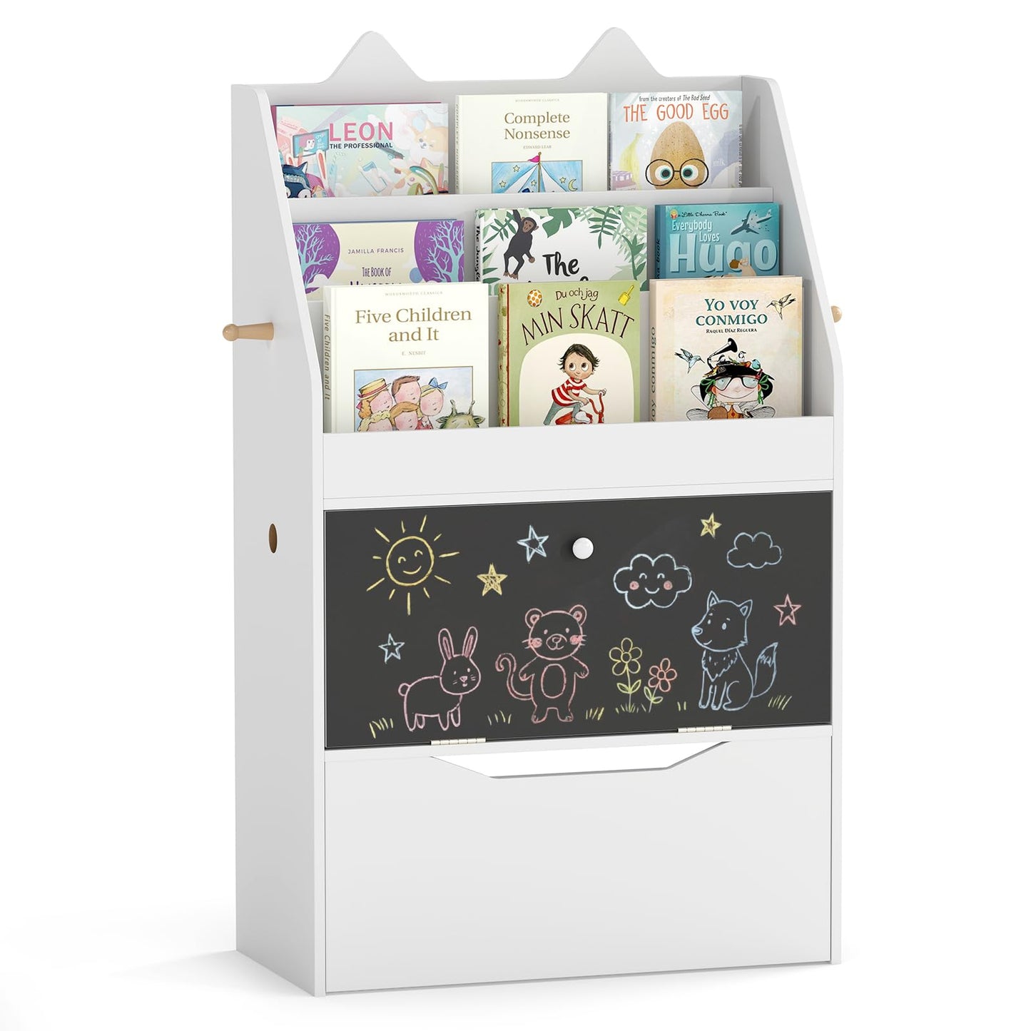 Wooden Kids Bookshelf with Movable Drawer & Chalkboard for Playroom Nursery