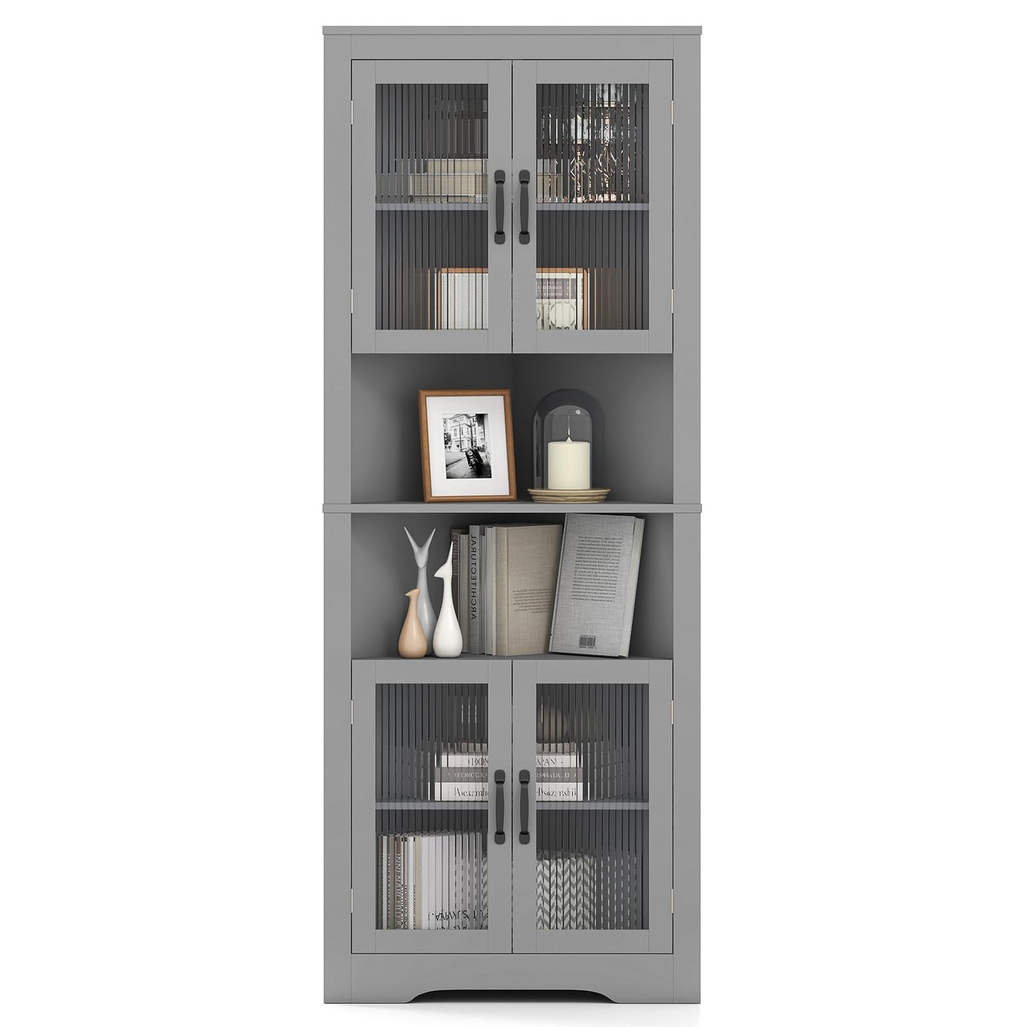 171cm Tall Space-saving Corner Cabinet with 4 Tempered Glass Doors and Adjustable Shelves