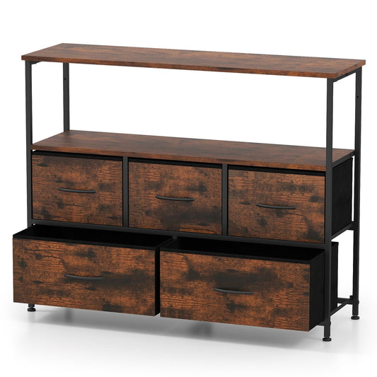 Chest of Drawers, Fabric 5-Drawer Dresser Chest Cabinet with 2 Wooden Open Shelves