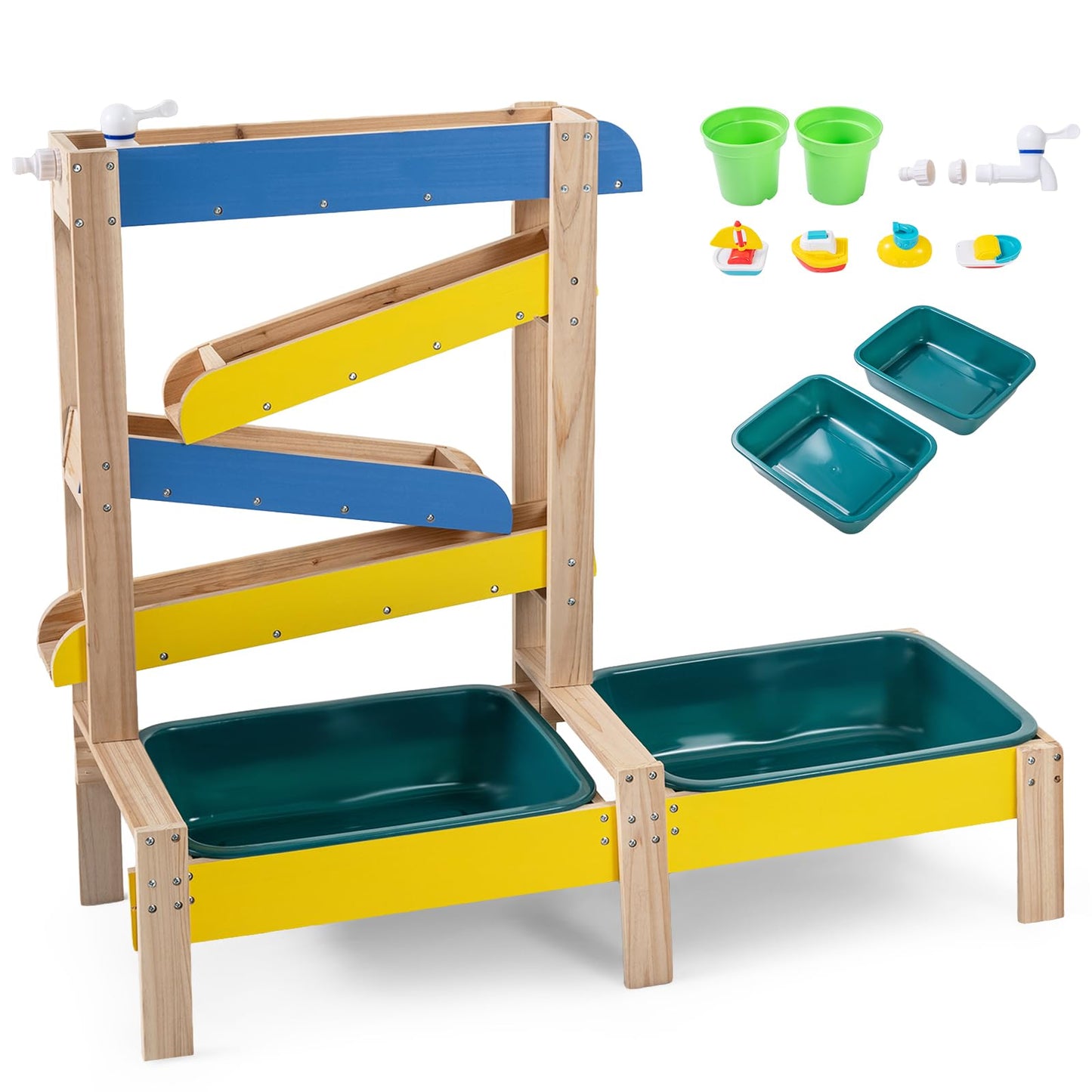 Fir Wood Montessori Sensory Play Activity Table with 2 Water Basin and Submarine Toys for Boys and Girls 3+