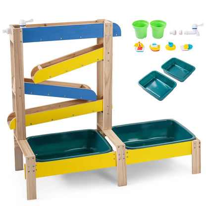 Fir Wood Montessori Sensory Play Activity Table with 2 Water Basin and Submarine Toys for Boys and Girls 3+