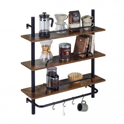3-Tier Industrial Floating Shelves for Wall with 4 S-Shaped Hooks