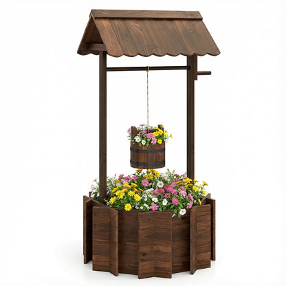 GiantexUK Wooden Wishing Well Planter, Garden Decoration Flower Pot with Hanging Bucket