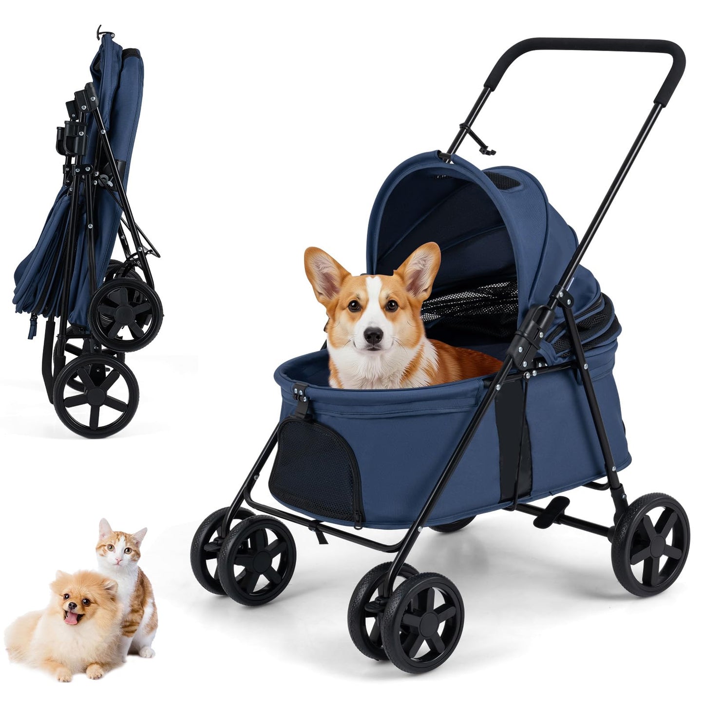 Pet Stroller, Foldable Dog Pushchair with 360°Swivel Wheels