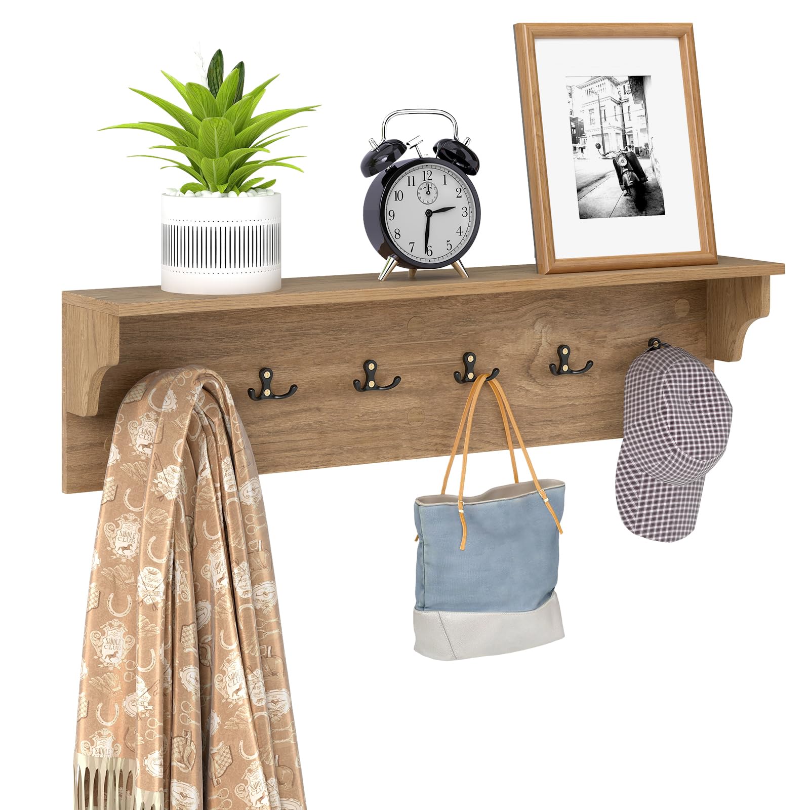 Wall-Mounted Coat Rack with Shelf, 80cm Wooden Wall Shelf Clothes Hang ...