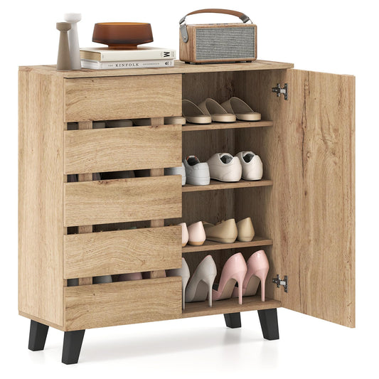 Wooden Shoe Cabinet, 4-Tier Farmhouse Shoe Cupboard with Louvered Door and Removable Shelves