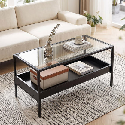 2-Tier Coffee Table with Tempered Glass Top & Storage Shelf