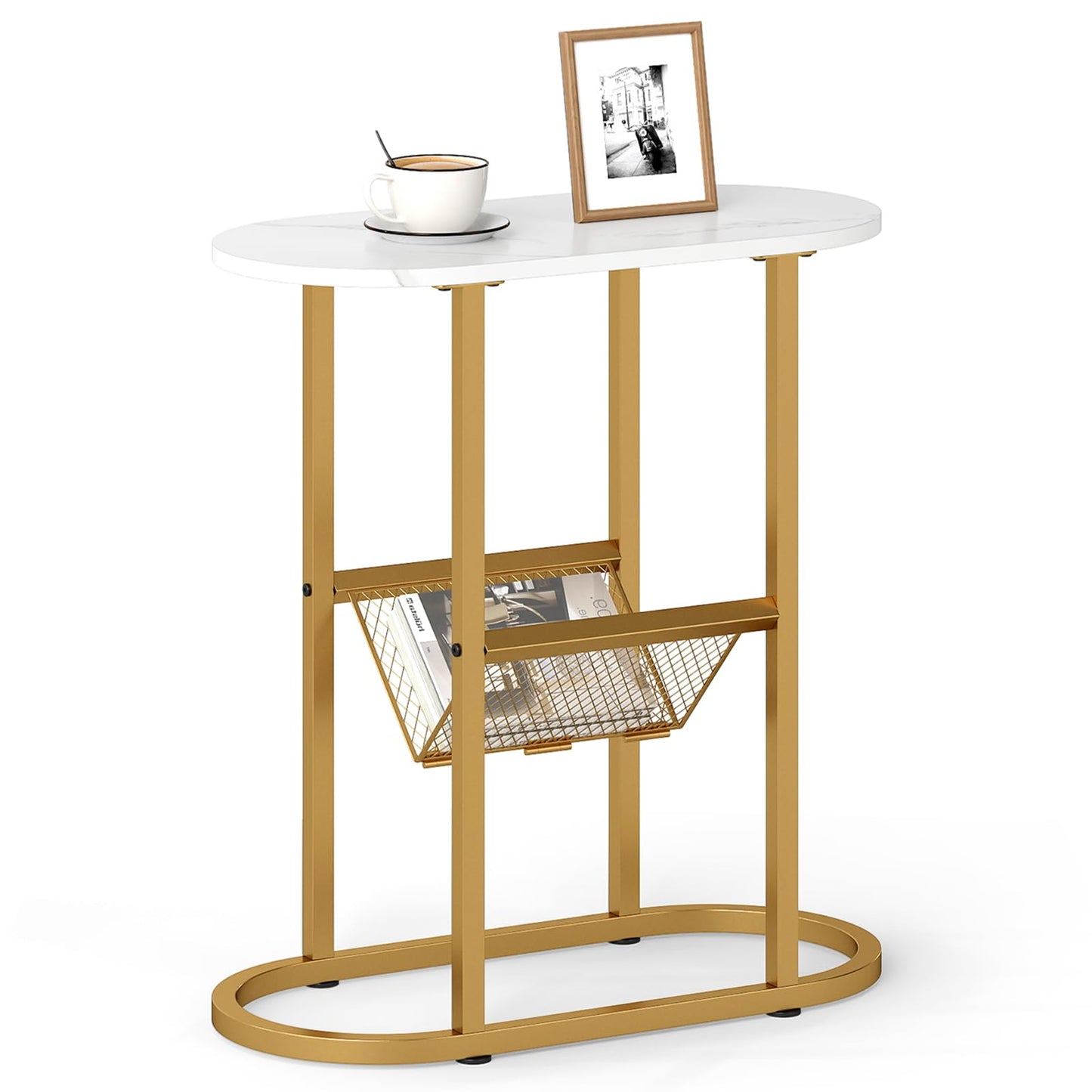 2-Tier Narrow Side Table with Magazine Holder for Living Room Bedroom