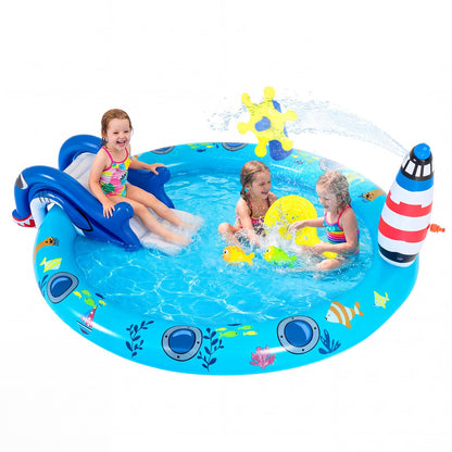 Inflatable Play Center, Marine Life Spray Paddling Pool with Slide & Sprinkle