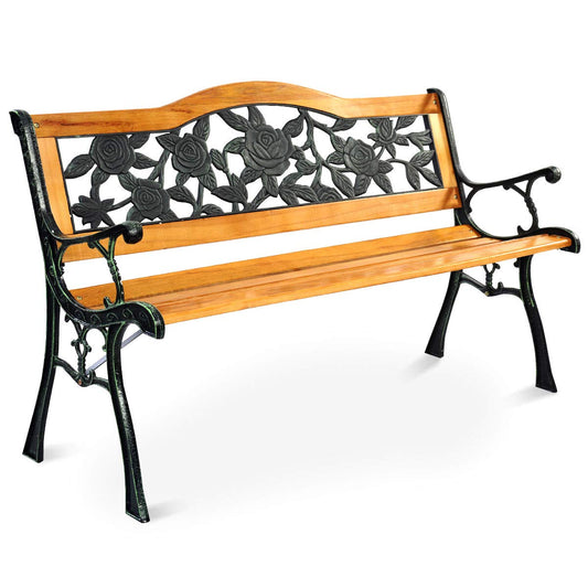 Solid Wood Slatted Seat Loveseat Park Bench Arched Back with Rose Pattern