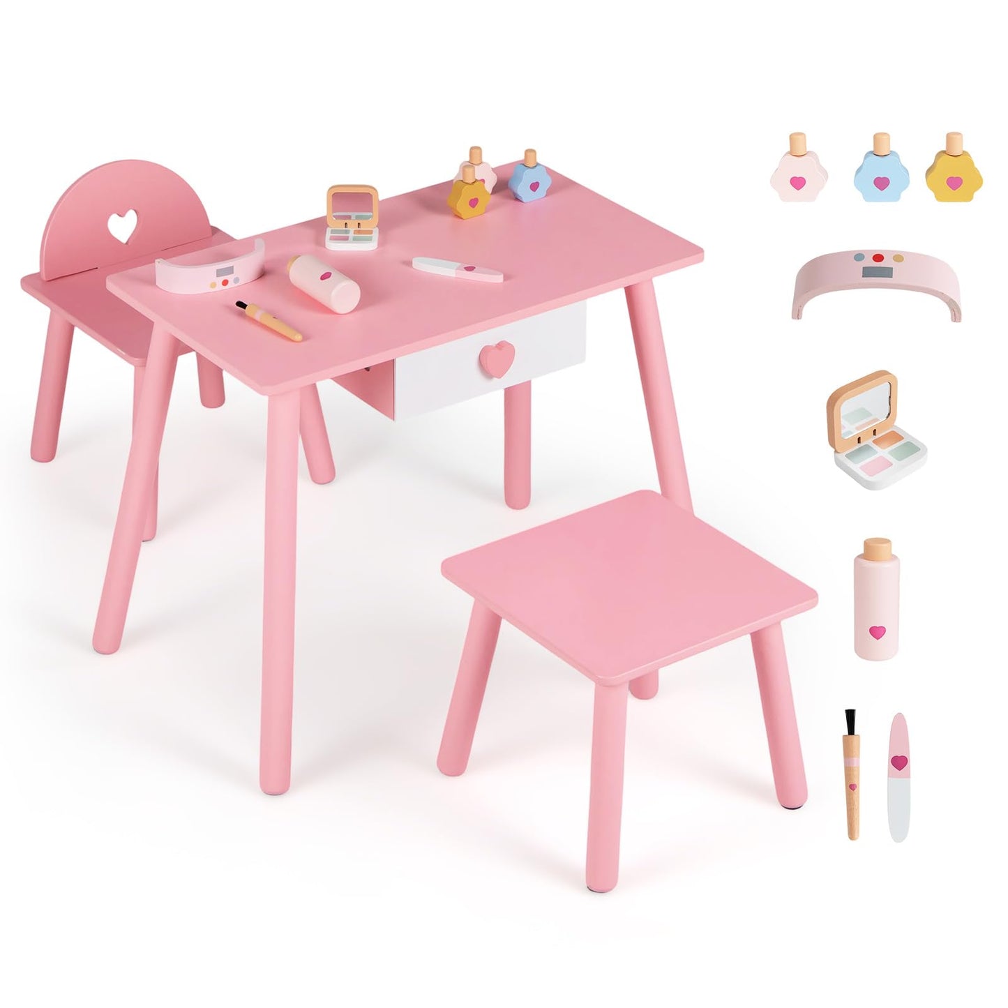 Kids Table and Chairs Set, Children Makeup Table with Eye Shadow