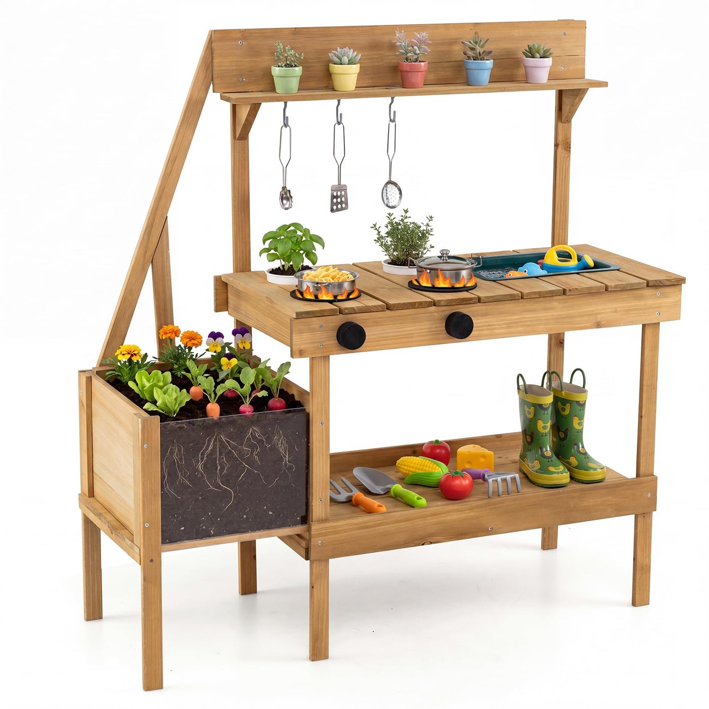 Wooden Chef Pretend Kitchen Playset with Planter Box, Stoves, Sink