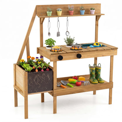 Wooden Chef Pretend Kitchen Playset with Planter Box, Stoves, Sink
