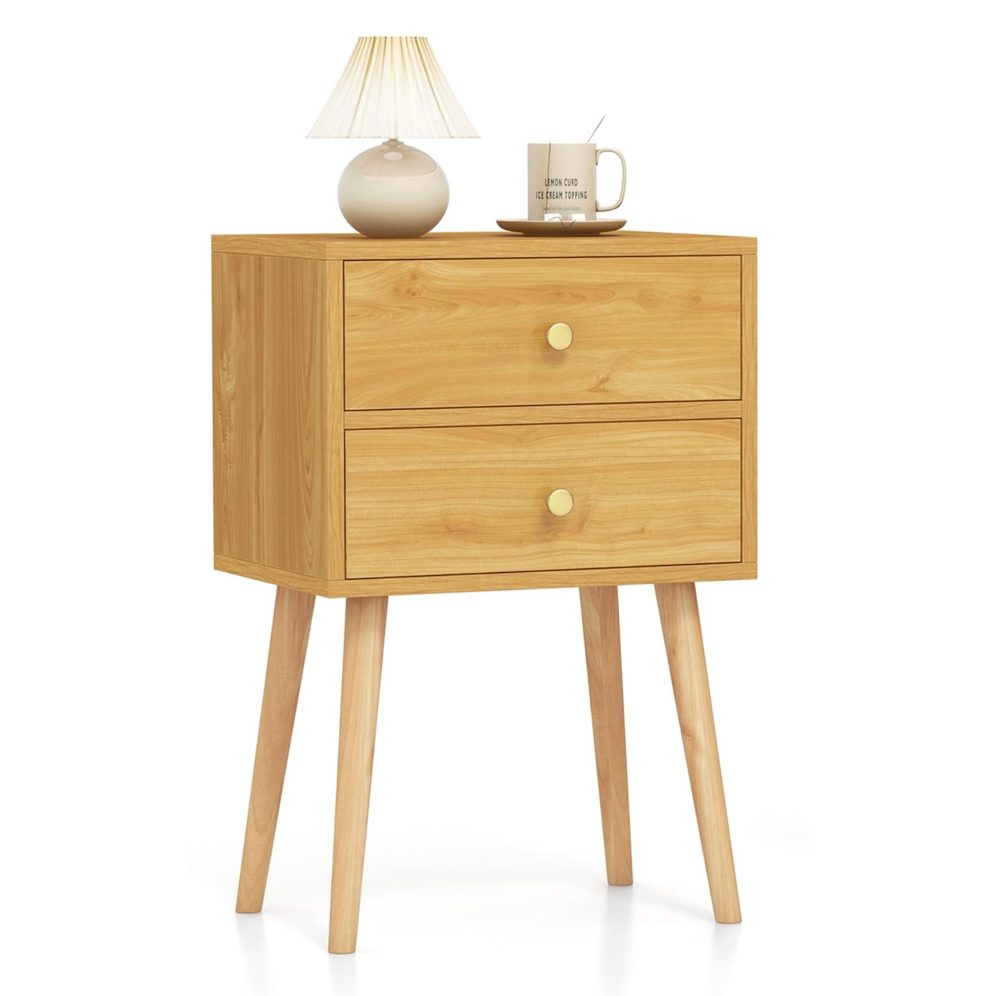 2-Drawer Nightstand with Solid Wood Legs for Bedroom