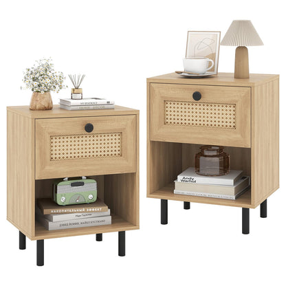 Rattan Nightstand with Drawer and Open Storage Shelf for Living Room Set of 2