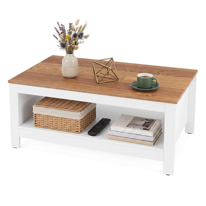 2-Tier Coffee Table with Open Storage Shelf, White+Natural