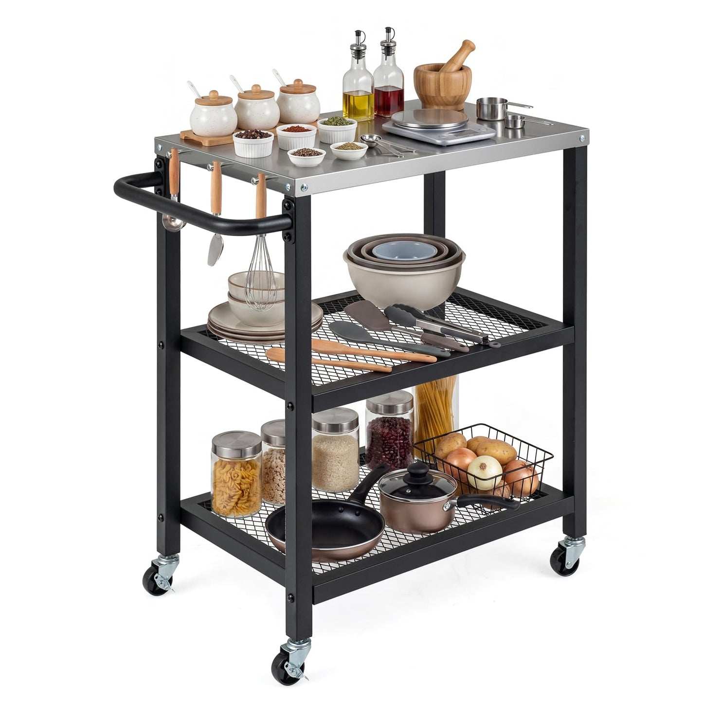 Outdoor Grill Cart on Wheels, Pizza Oven Stand Serving Trolley with Stainless Steel Top, Handle and Hooks