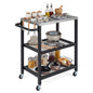 Outdoor Grill Cart on Wheels, Pizza Oven Stand Serving Trolley with Stainless Steel Top, Handle and Hooks