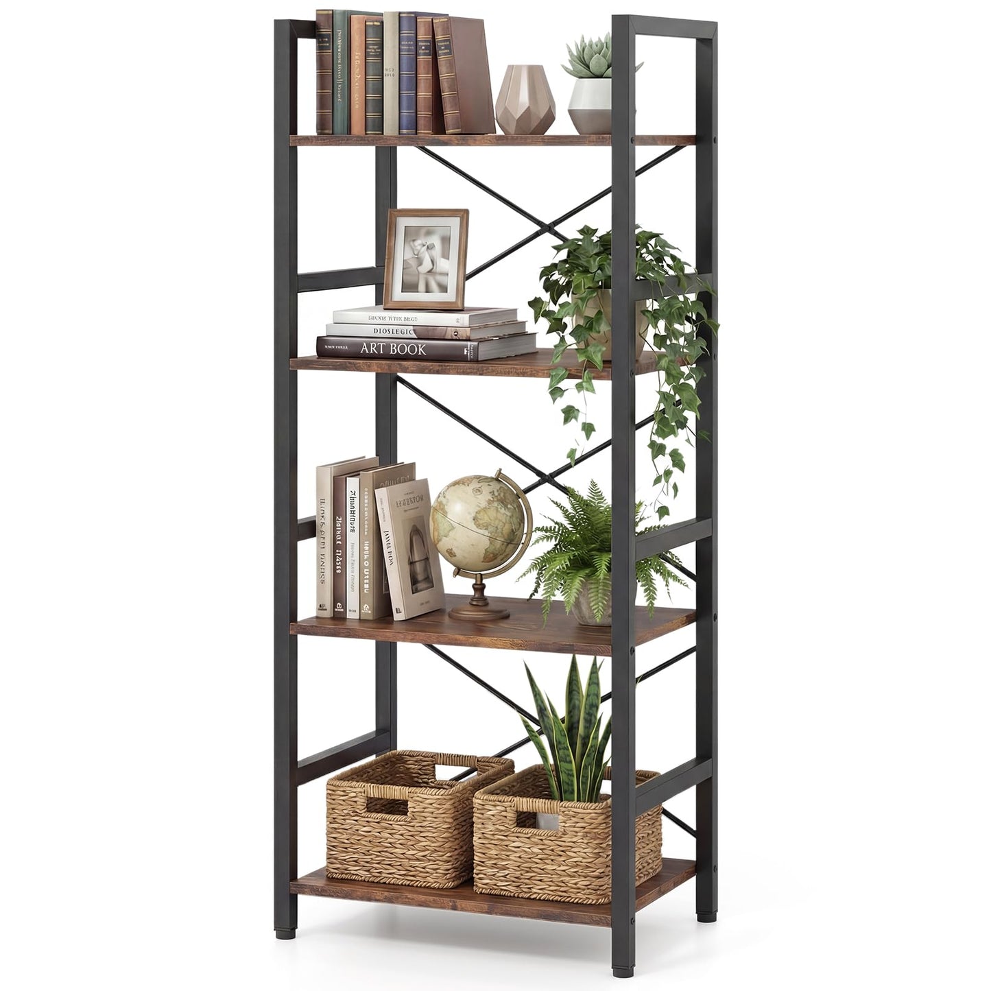 Wooden Storage Bookcase Ladder Shelving Unit with X-Shaped Bar