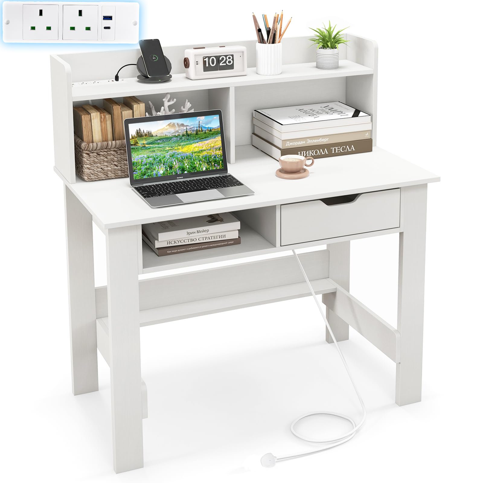 Computer Desk, Modern Writing Workstation PC Laptop Table with Hutch ...
