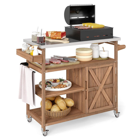 Wooden Grill Cart with Storage Outdoor Kitchen Island with Stainless Steel Top