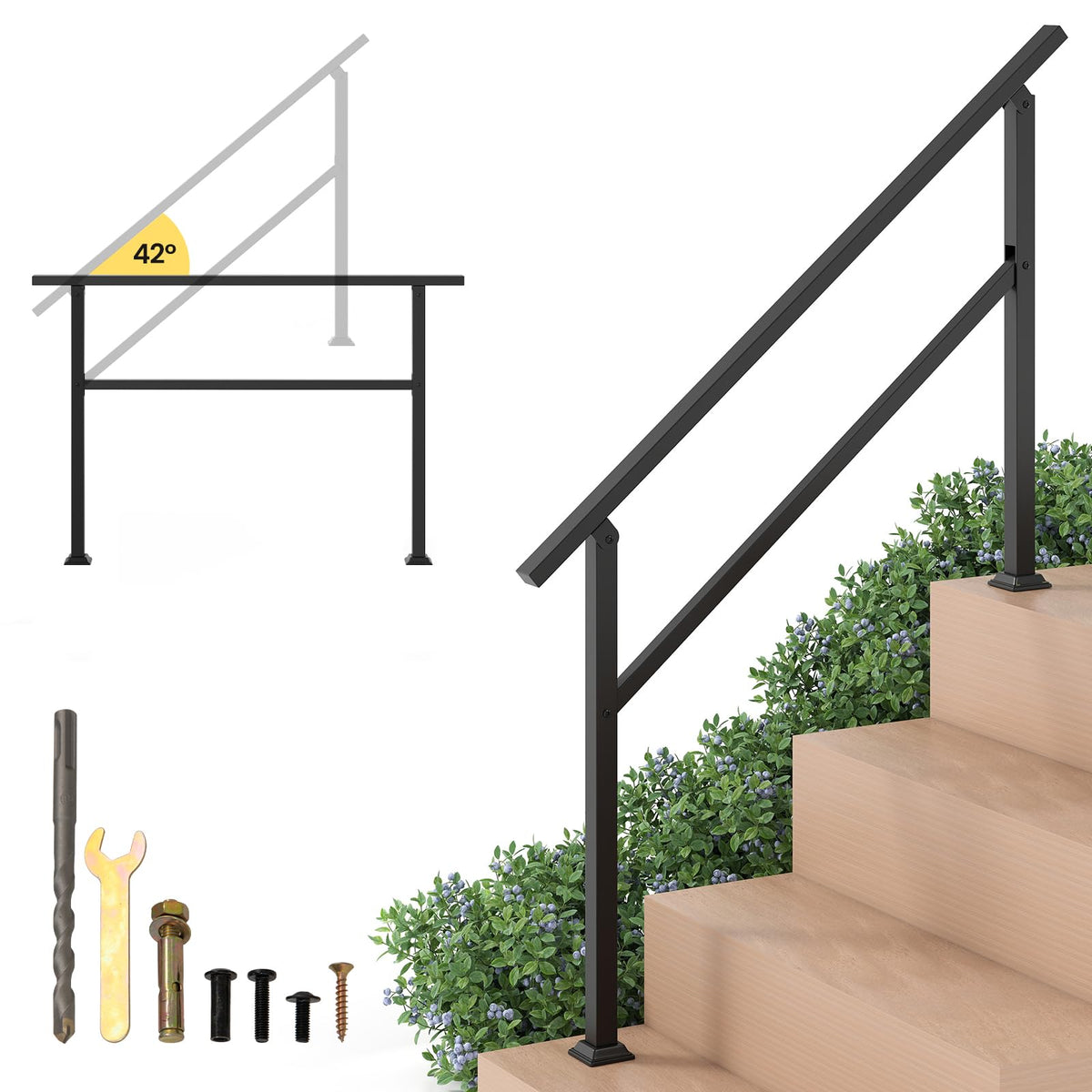 Handrail for Outdoor Steps Fits 4 Steps with Flexible Angle Adjustment