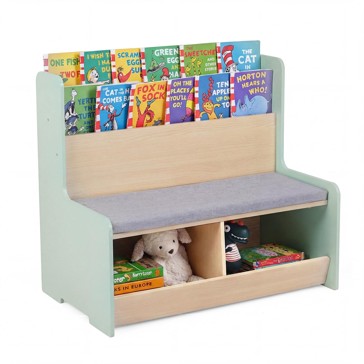 Kids Reading Nook with Bench Toddler Toy Storage Organizer with Bookshelf and 2 Cubbies