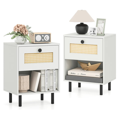 Rattan Nightstand with Drawer and Open Storage Shelf for Living Room