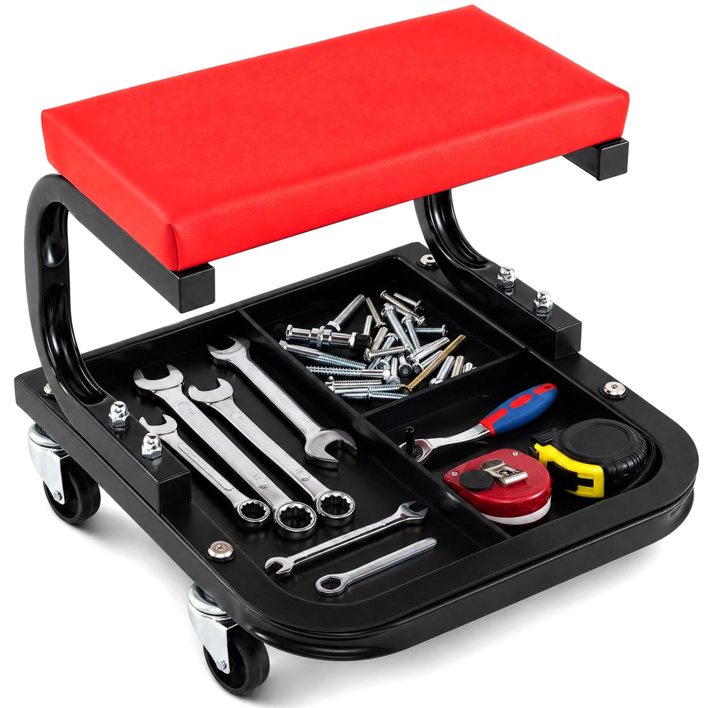 Rolling Mechanic Stool with Padded Seat, Tool Tray and 4 Wheels
