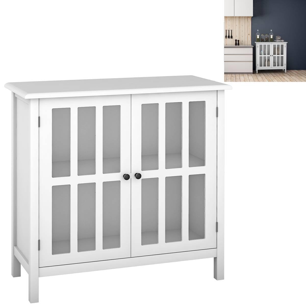 GiantexUK Wooden Storage Sideboard, Freestanding Buffet Cupboard with Double Glass Doors, Large Tabletop & Non-Slip Foot Pads