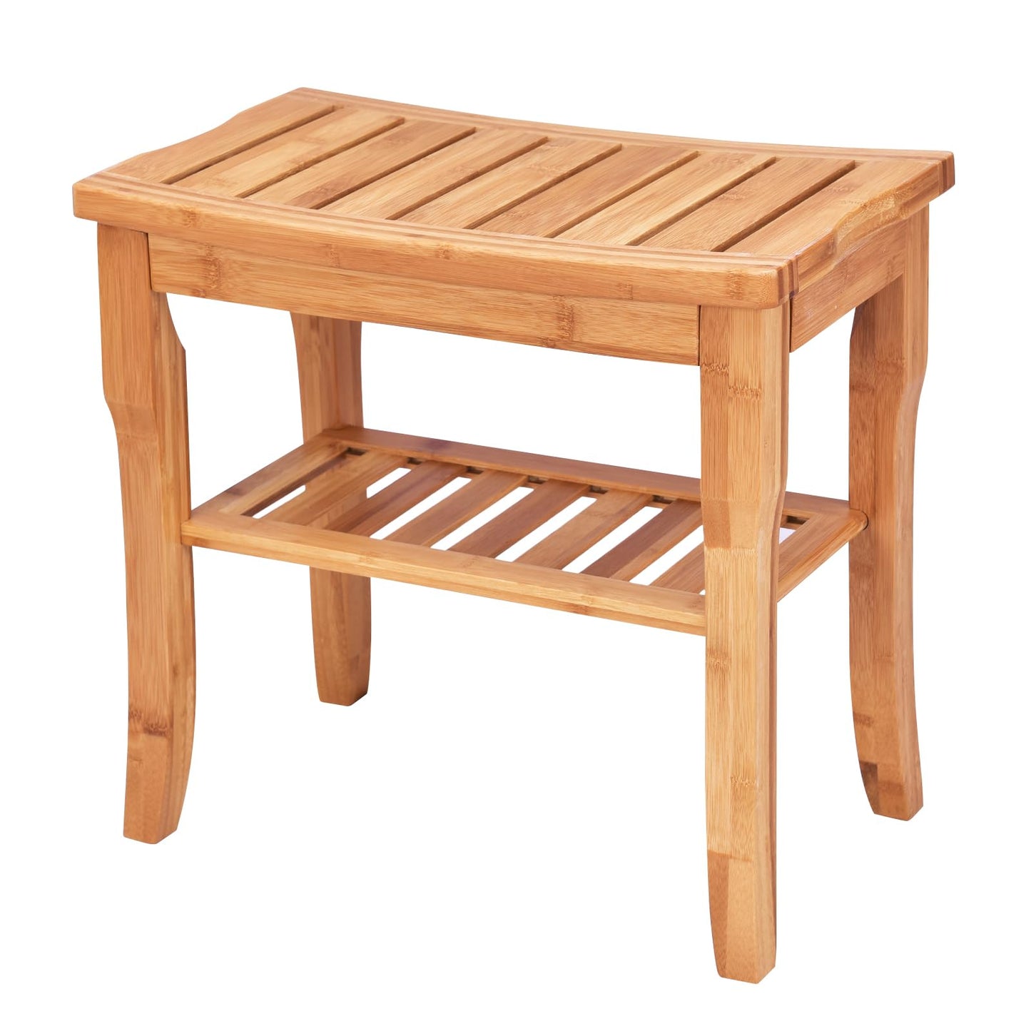 2-Tier Slatted Spa Bath Stool Shower Seat with Storage Shelf and Non-Slip Feet