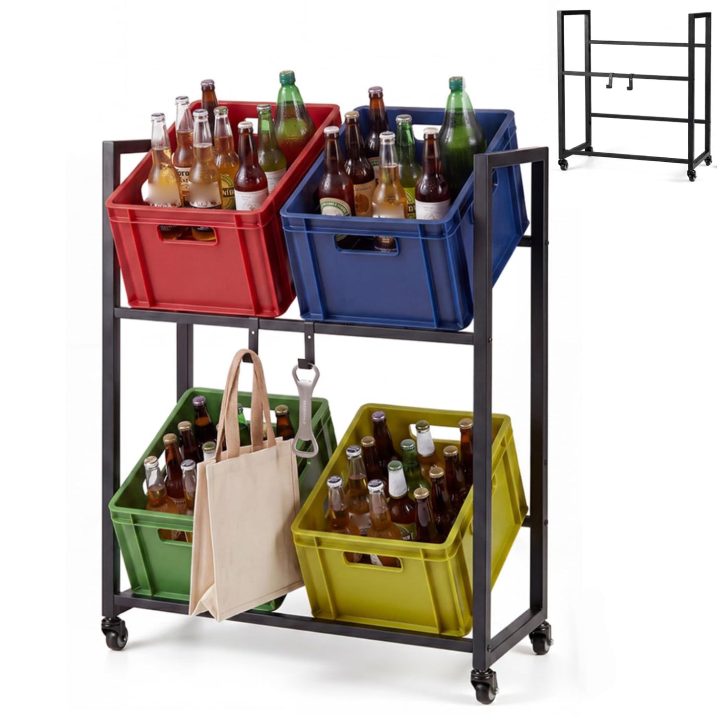 Rolling Drink Crate Rack for 4 Box, Metal Bottle Storage Shelf with 4 Wheels