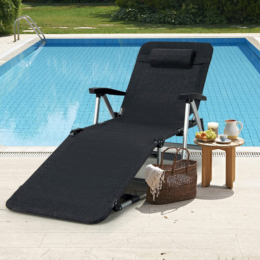 Folding Outdoor Chaise Lounger with Detachable Pillow and Cup Holder
