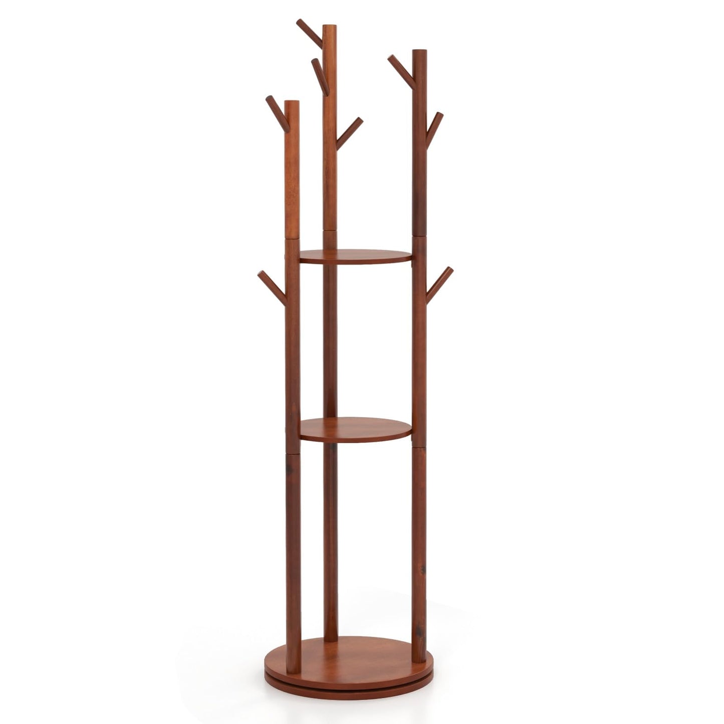 Freestanding Wooden Coat Rack Stand with 3 Display Storage Shelves and 9 Hooks