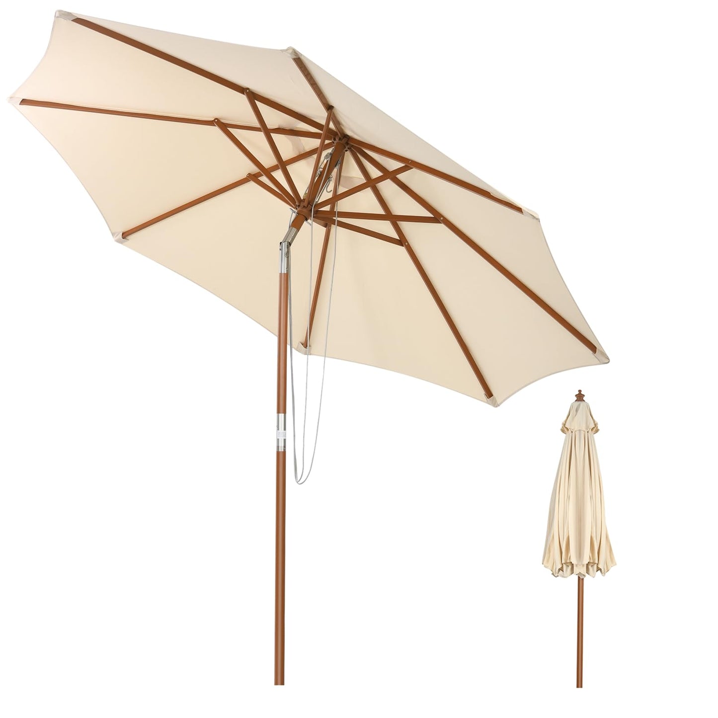 2.7/3m Wooden Patio Parasol Sun Shade Umbrella with 8 Ribs