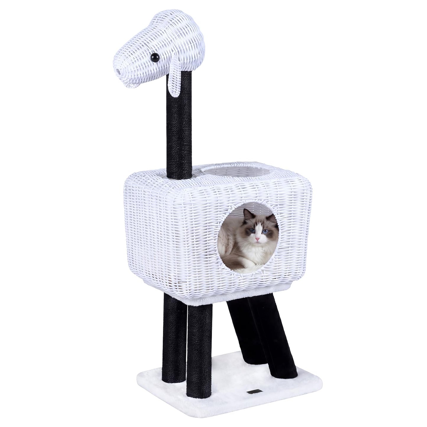 Cat Tree 110cm Lamb-Shaped Cat Tower with 2-Door Rattan Condo Sisal Scratching Posts