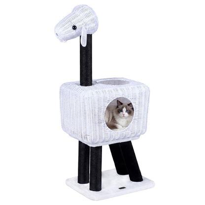 Cat Tree 110cm Lamb-Shaped Cat Tower with 2-Door Rattan Condo Sisal Scratching Posts