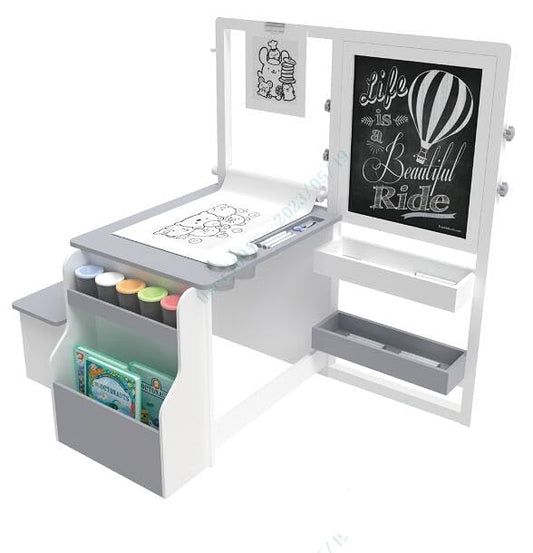 Kids Art Easel Table and Bench Set with Adjustable Easel and Bookshelf