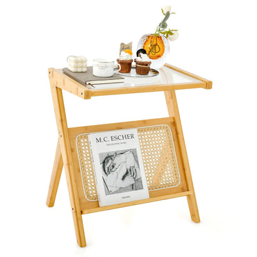 Bamboo Accent Bedside Table with Tempered Glass Top