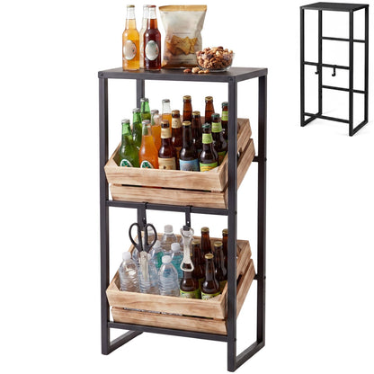 3-Tier Drink Crate Rack, Metal Bottle Storage Shelf with 3 Adjustable Angles & 2 Hooks