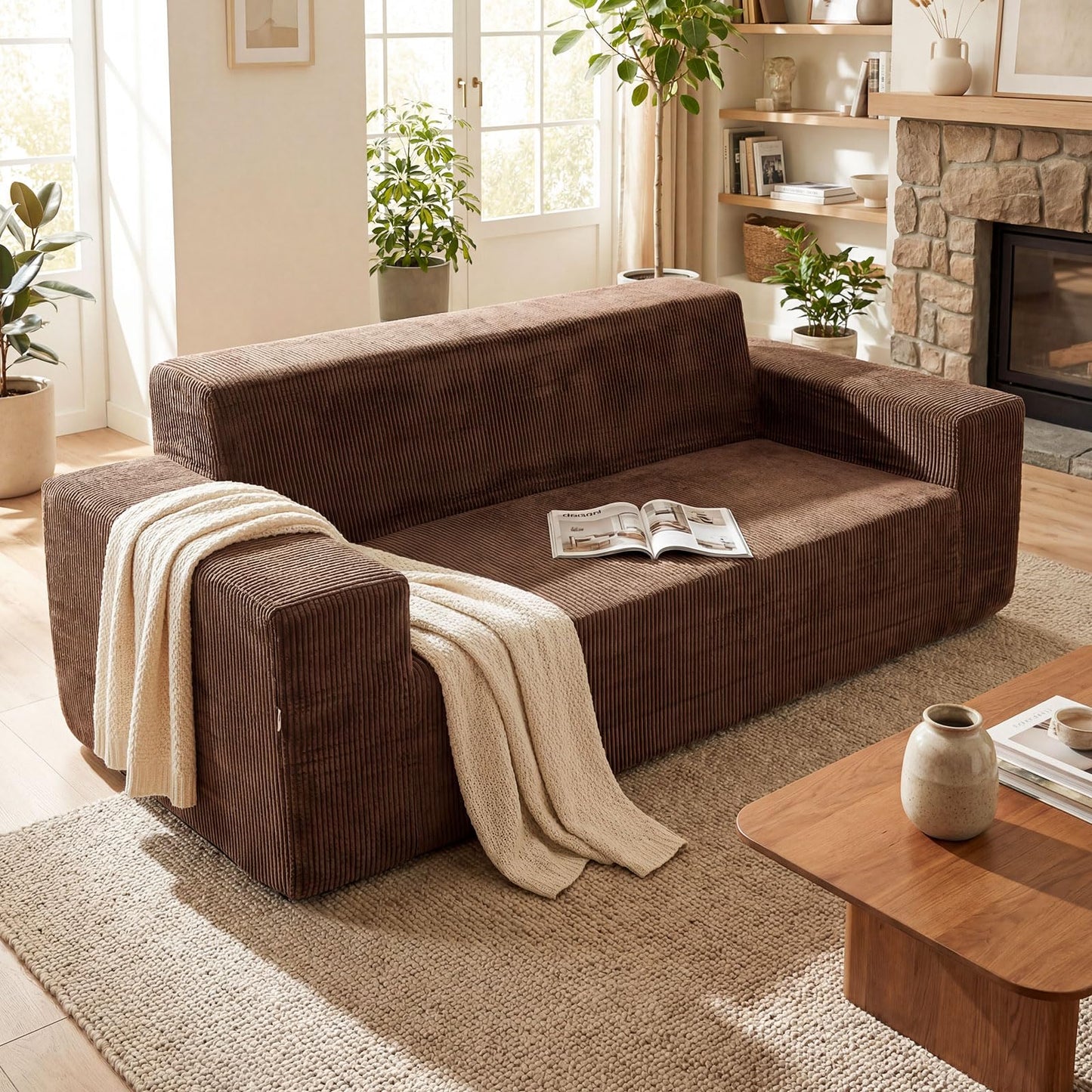 3-Seater Sofa, 197cm Corduroy Boneless Couch, No Assembly Needed