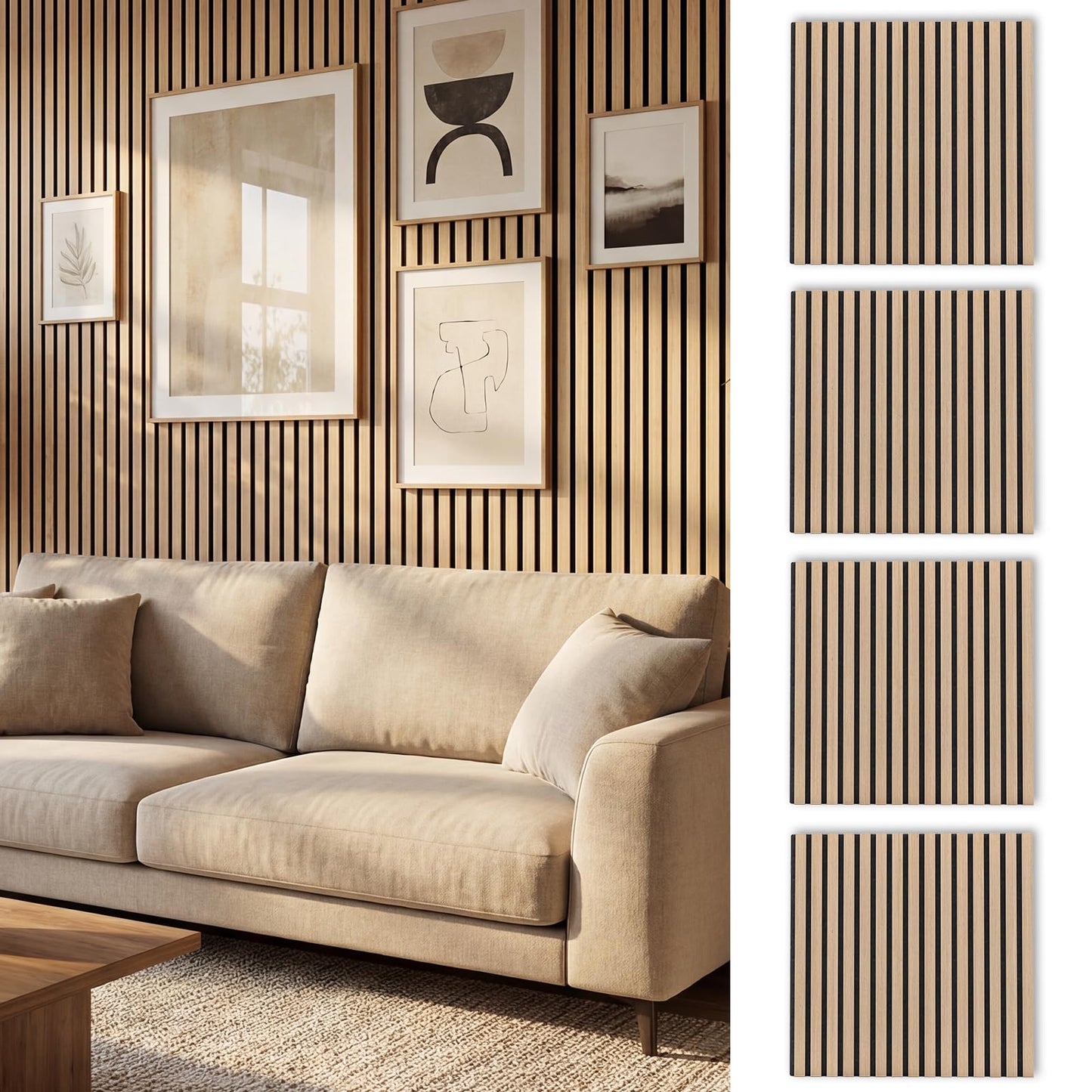 4 Pack Acoustic Panels for Walls 60 x 60 cm Sound Absorbing Panel with 15 Wooden Slats