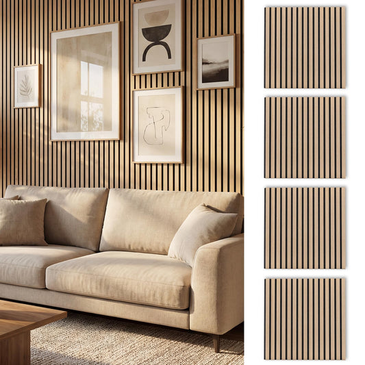 4 Pack Acoustic Panels for Walls 60 x 60 cm Sound Absorbing Panel with 15 Wooden Slats