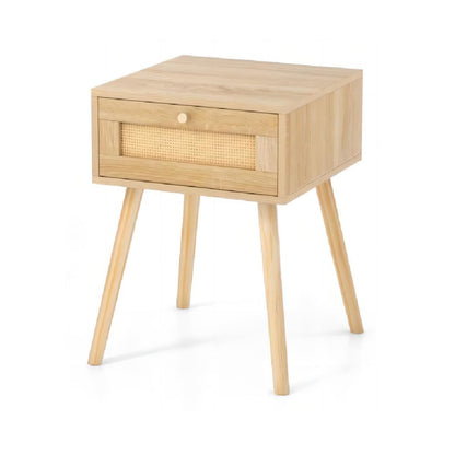 Boho Bedside Table with Hand-woven Rattan Decoration
