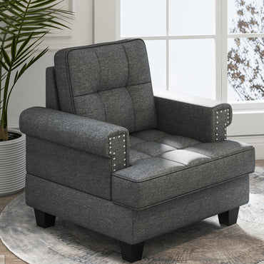 Mid-century Modern Accent Armchair Tufted Linen Club Chair with Extra Pillow
